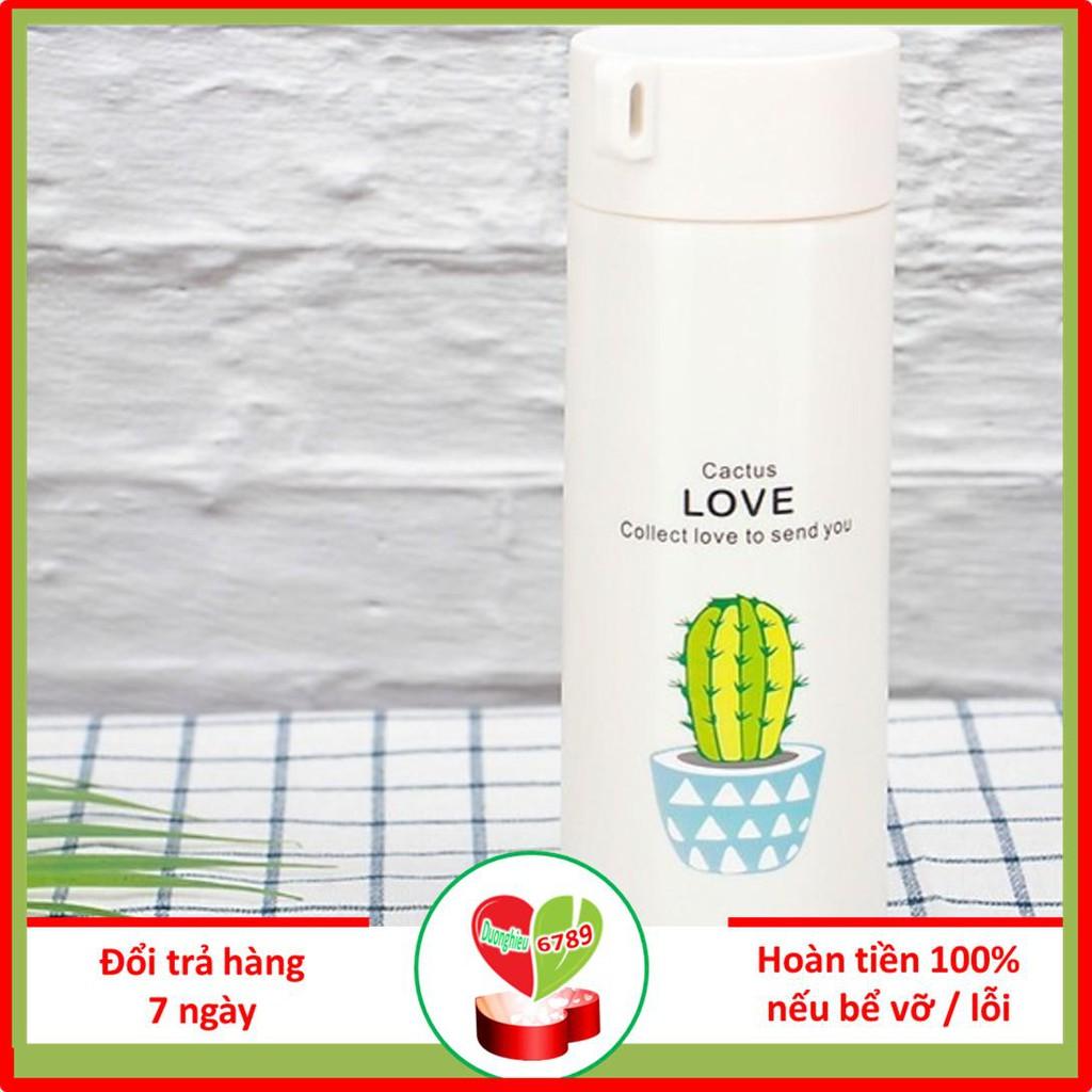 Bình nước in hình xương rồng 450ml lõi thủy tinh bọc vỏ nhựa lúa mạch có dây sách Duonghieu6789