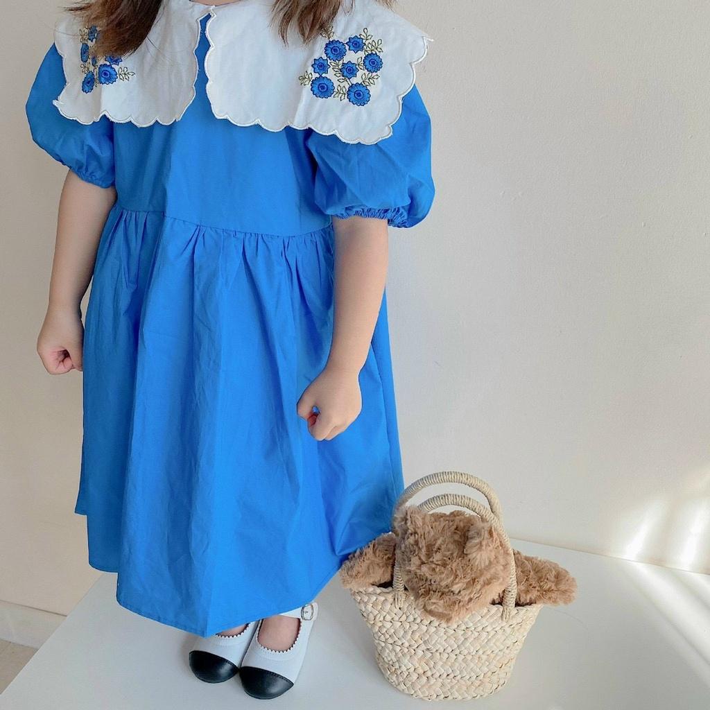Đầm babydoll thêu hoa phong cách Hàn Quốc cho bé gái tone xanh size 12-35kg chất kate mềm mát