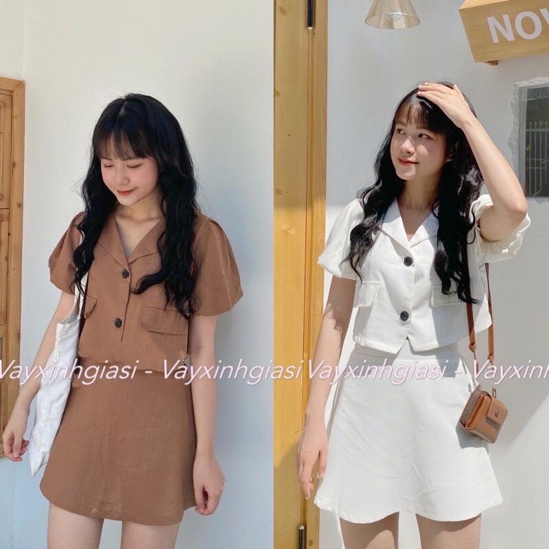 Set croptop áo sơmi cổ vest tay bồng kèm chân váy