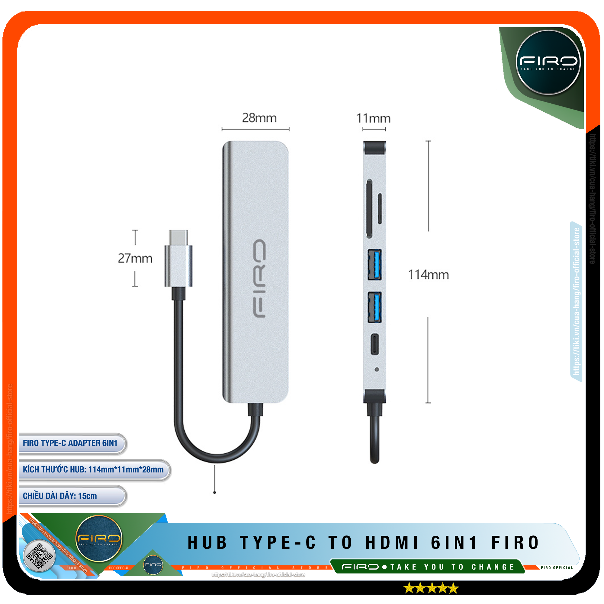 Hub Type C FIRO 6in1 - Hub Chuyển Đổi Type C To HDMI Chuẩn HDTV - 1 Cổng HDMI/HDTV 4K, 2 Cổng USB 3.0, 2 Khe Đọc Thẻ TF Và SD, 1 Cổng Sạc Nhanh Type C PD - Kết Nối Tốc Độ Cao - Dùng Cho Tivi/Laptop/Playstation/PC/Smartphone – Hàng Chính Hãng