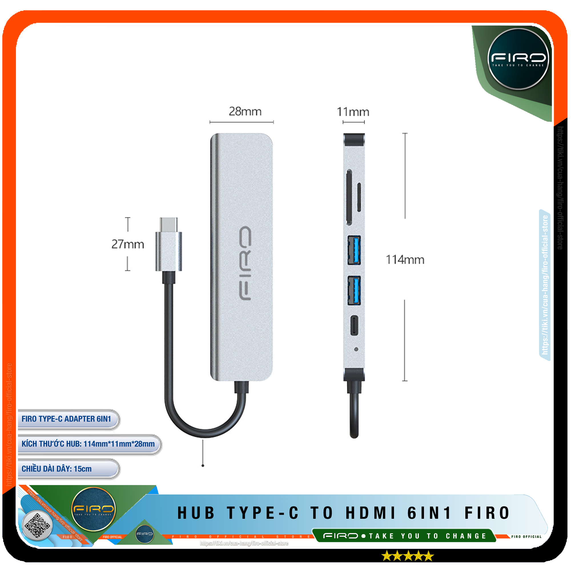 Hub USB Type-C To HDMI FIRO 6in1 - Hub Chuyển Đổi Type-C Chia 6 Cổng - 1 Cổng HDMI 4K, 2 Cổng USB 3.0, 2 Khe Đọc Thẻ TF Và SD, 1 Cổng Sạc Nhanh Type C PD - Kết Nối Tốc Độ Cao - Hub USB FIRO – Hàng Chính Hãng