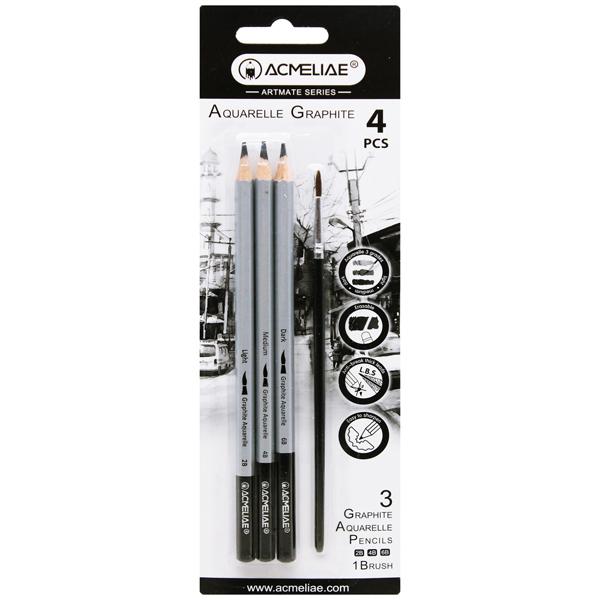 Vỉ 3 Bút Chì Graphite Aquarelle Tan Trong Nước Kèm Cọ - Acmeliae 43706