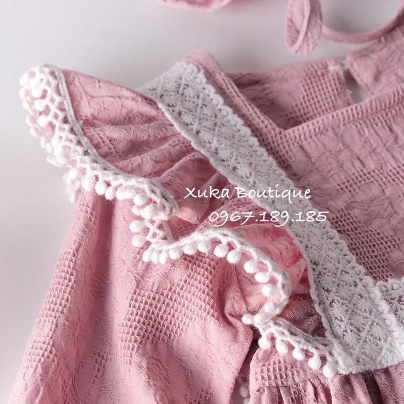 Bodysuit Dài Tay Giả Váy Kèm Mũ Tiểu Thư Cổ Ren Cánh Tiên Cao Cấp Bé Gái
