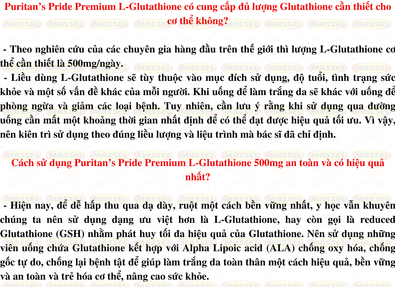 Hỗ trợ trắng da L-Glutathione Puritan’s Pride Premium 500mg Mỹ, Hỗ trợ trắng da, Giảm nám, tàn nhang, Tăng sức đề kháng - Massel Official -30 v/hộp