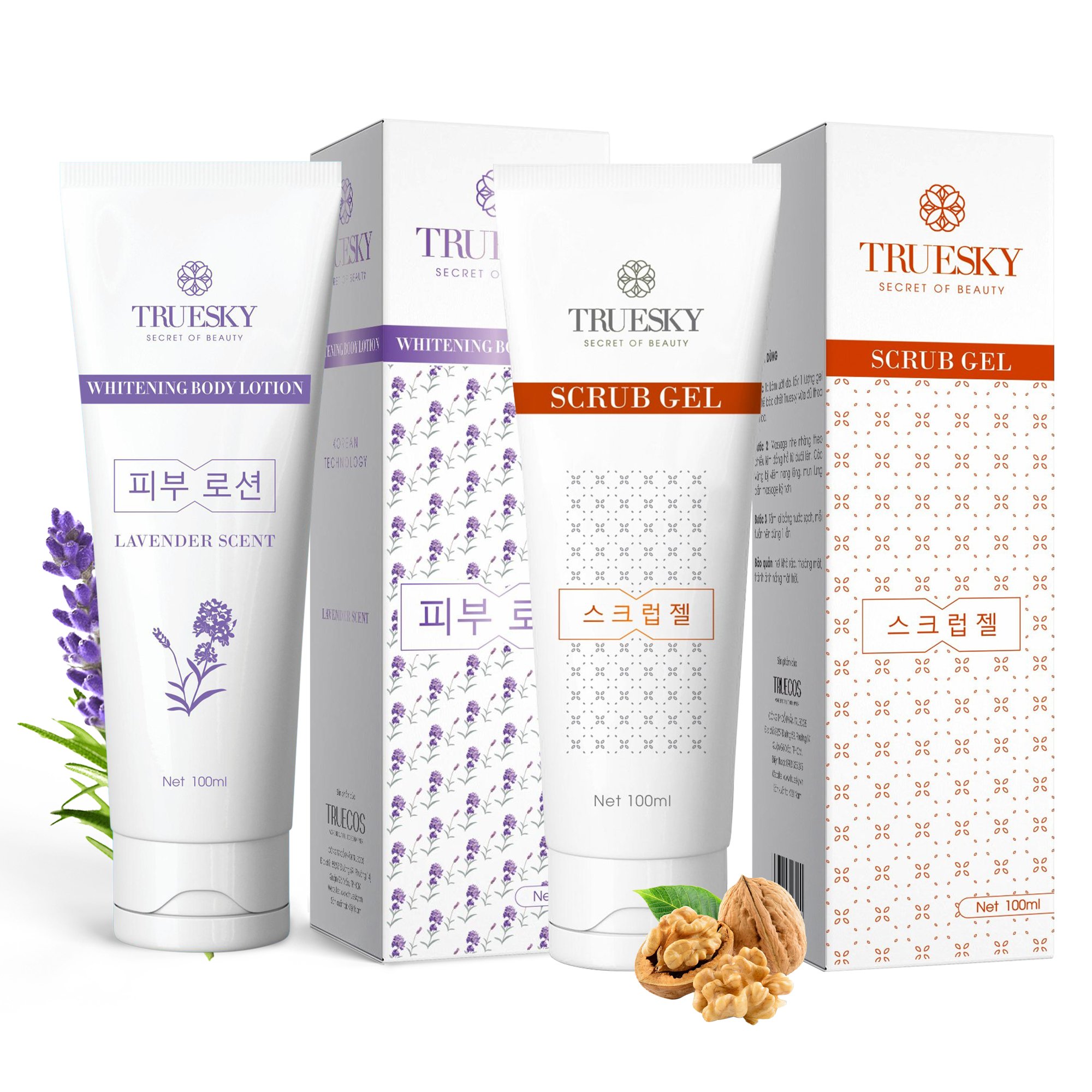 Bộ sản phẩm Truesky VIP13 gồm 1 kem dưỡng trắng lavender 100ml &amp; 1 tẩy tế bào chết 100ml