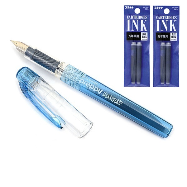 Combo bút máy học sinh Preppy Platinum Nhật Bản cỡ 02 và 2 túi ống mực Platinum – Vỏ xanh mực xanh đen