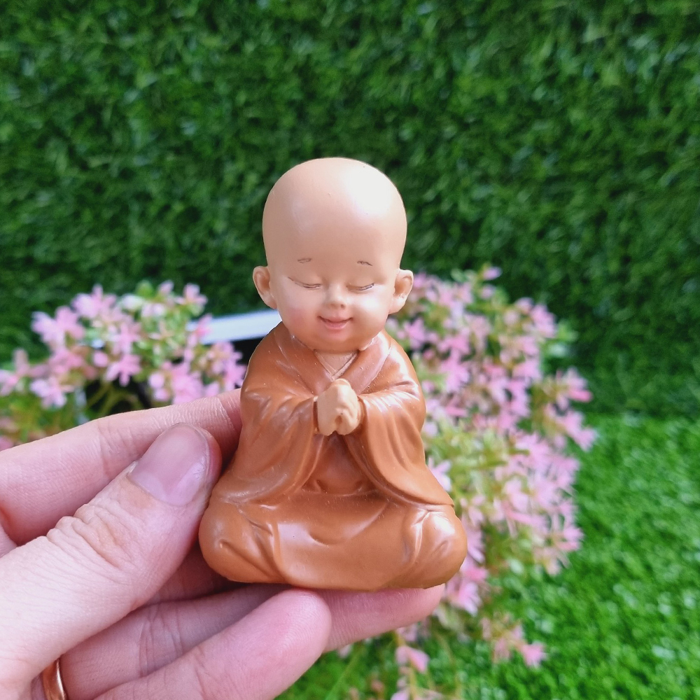 Bộ 03 chú tiểu áo nâu - mẫu ngồi an nhiên size mini 7cm