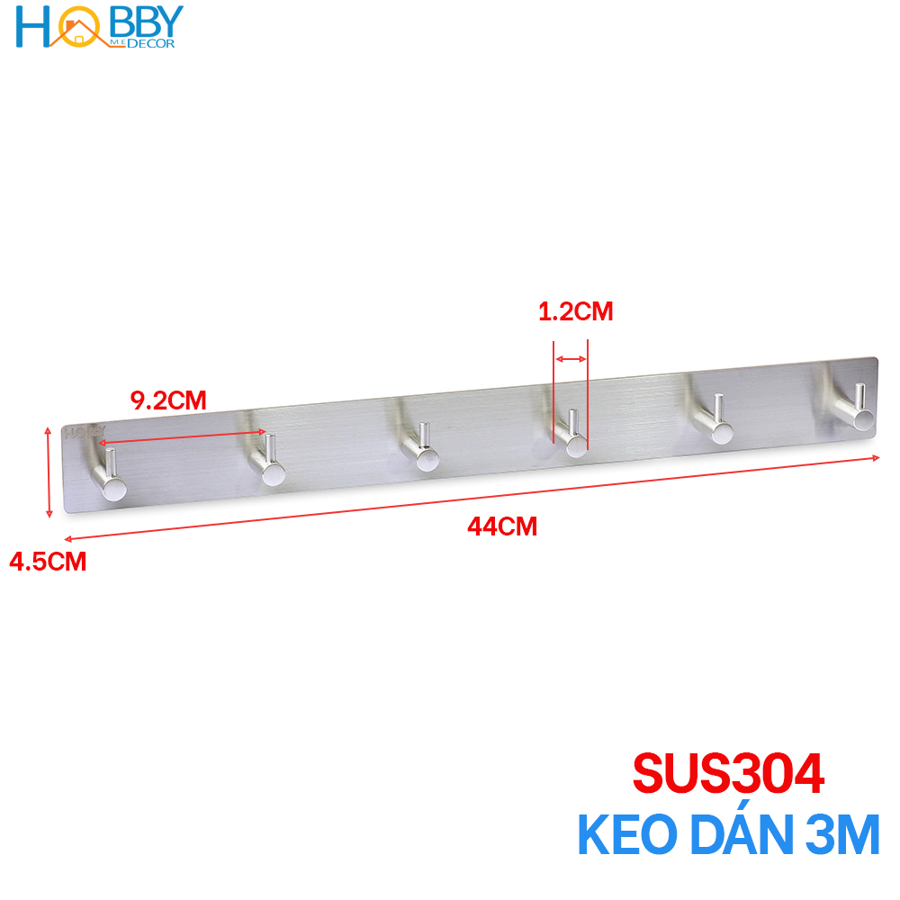 Thanh treo quần áo khăn tắm 6 chấu inox 304 dán tường Hobby Home Decor 6TV160 kèm keo dán không rỉ sét