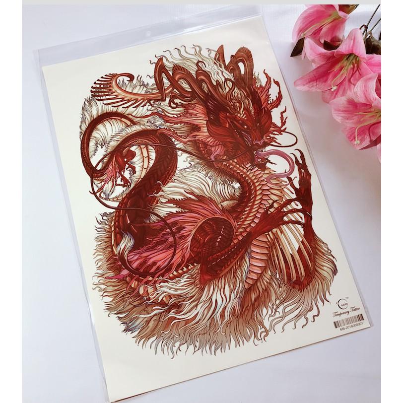 Hình xăm dán kín lưng cao cấp rồng màu đỏ 34x48cm- tặng bắp tay xinh 15x21cm