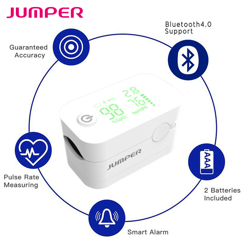 Máy đo nồng độ oxy máu SpO2, PR, PI Jumper JPD-500G (FDA Hoa Kỳ + xuất USA), Kết nối Bluetooth APP mobile, màn hình LED - Phiên bản màu Trắng