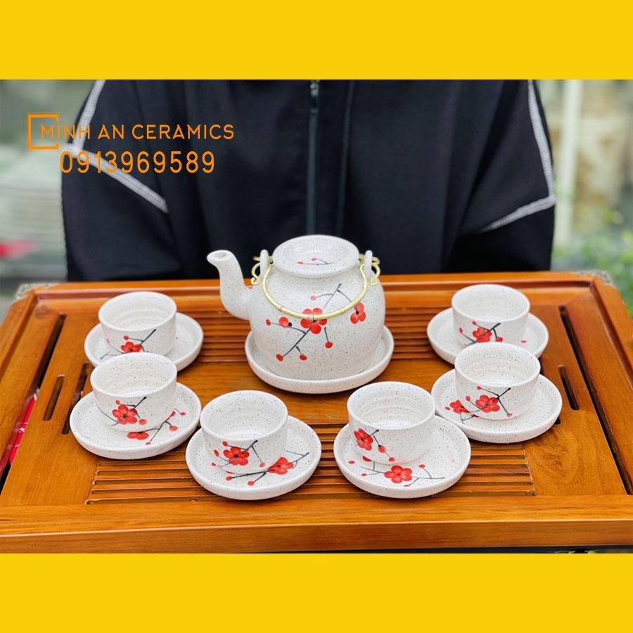 Bộ trà Bát tràng dáng ấm lõm men tiêu vẽ hoa đào đỏ thủ công gốm Minh An Bát Tràng