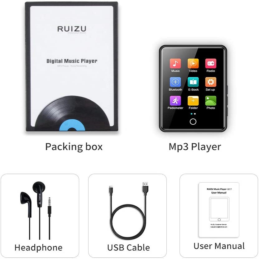 Máy Nghe Nhạc MP3 Bluetooth Mini RUIZU M17, Máy Nghe Nhạc Cầm Tay Cảm Ứng Toàn Màn Hình 16GB 2.4 Inch Có Loa Tích Hợp Máy Nghe Nhạc MP3 HIFI Lossless Máy Ghi Âm Sách Điện Tử Hỗ Trợ Máy Đếm Bước Chân Máy Phát Video Bỏ Túi Nhỏ Hỗ Trợ Thẻ TF - Hàng nhập khẩu