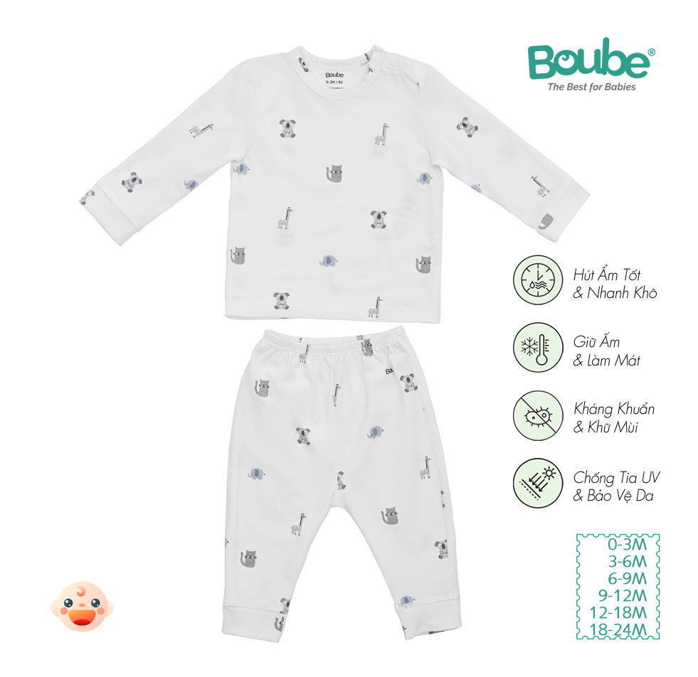 Bộ quần áo dài tay cúc bấm vai họa tiết xinh xắn cho bé Boube, Vải Cotton organic thoáng mát - Size 0-24M