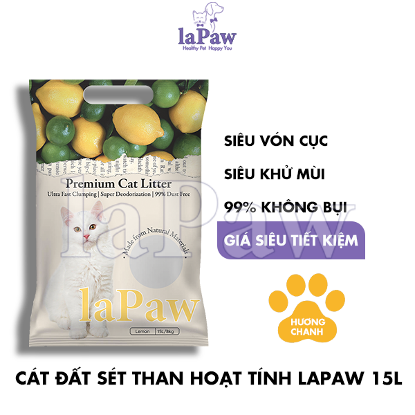 Cát vệ sinh cho mèo laPaw đất sét mix than hoạt tính siêu vón cục, siêu khử mùi, thơm lâu, ít bụi 15L