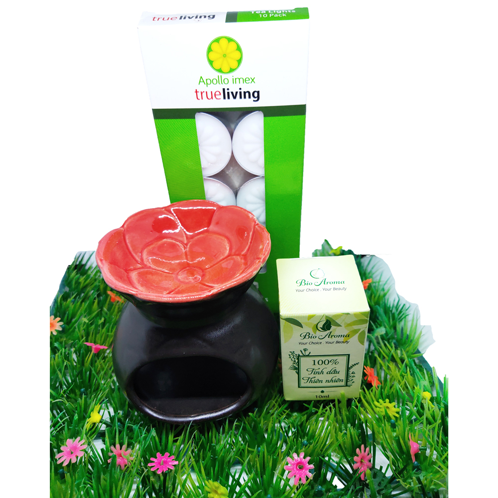 Combo đèn xông tinh dầu nến hoa mai + tinh dầu sả chanh 10ml Bio Aroma tặng kèm 10 viên nến tealight (đèn giao màu ngẫu nhiên)