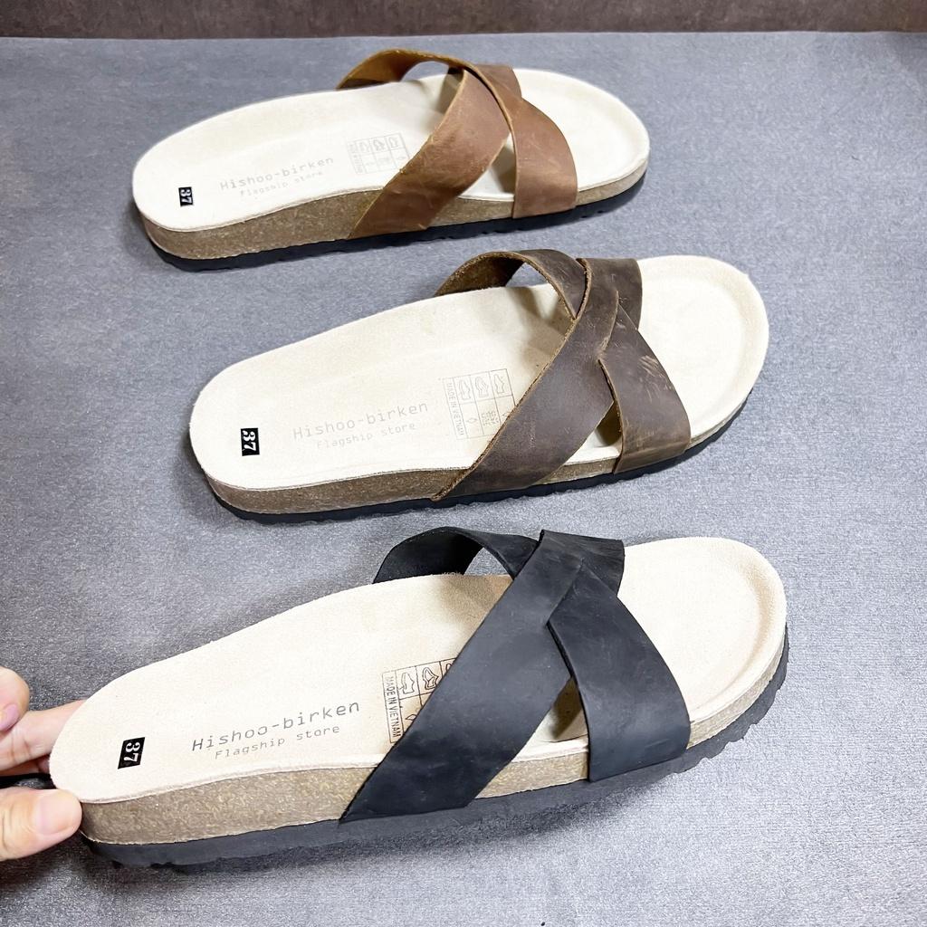 Dép đế trấu birken da bó sáp nam nữ unisex quai ngang chéo bigsize 35 - 43 chính hãng Hishoo S107