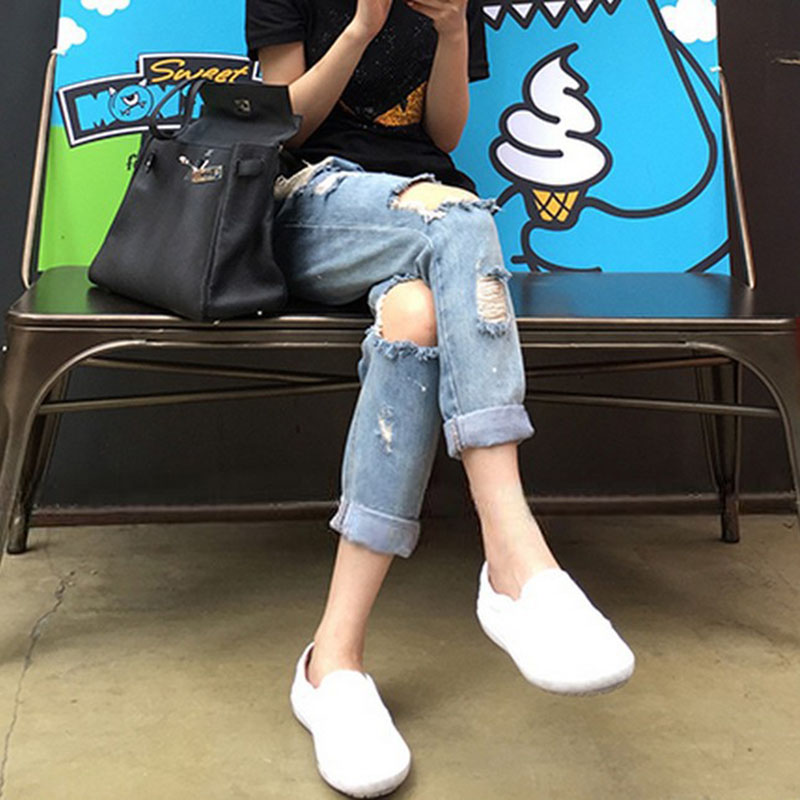 Quần Jeans Nữ Dài Rách Gối Kiểu Dáng Baggy Thời Trang Hàn Quốc