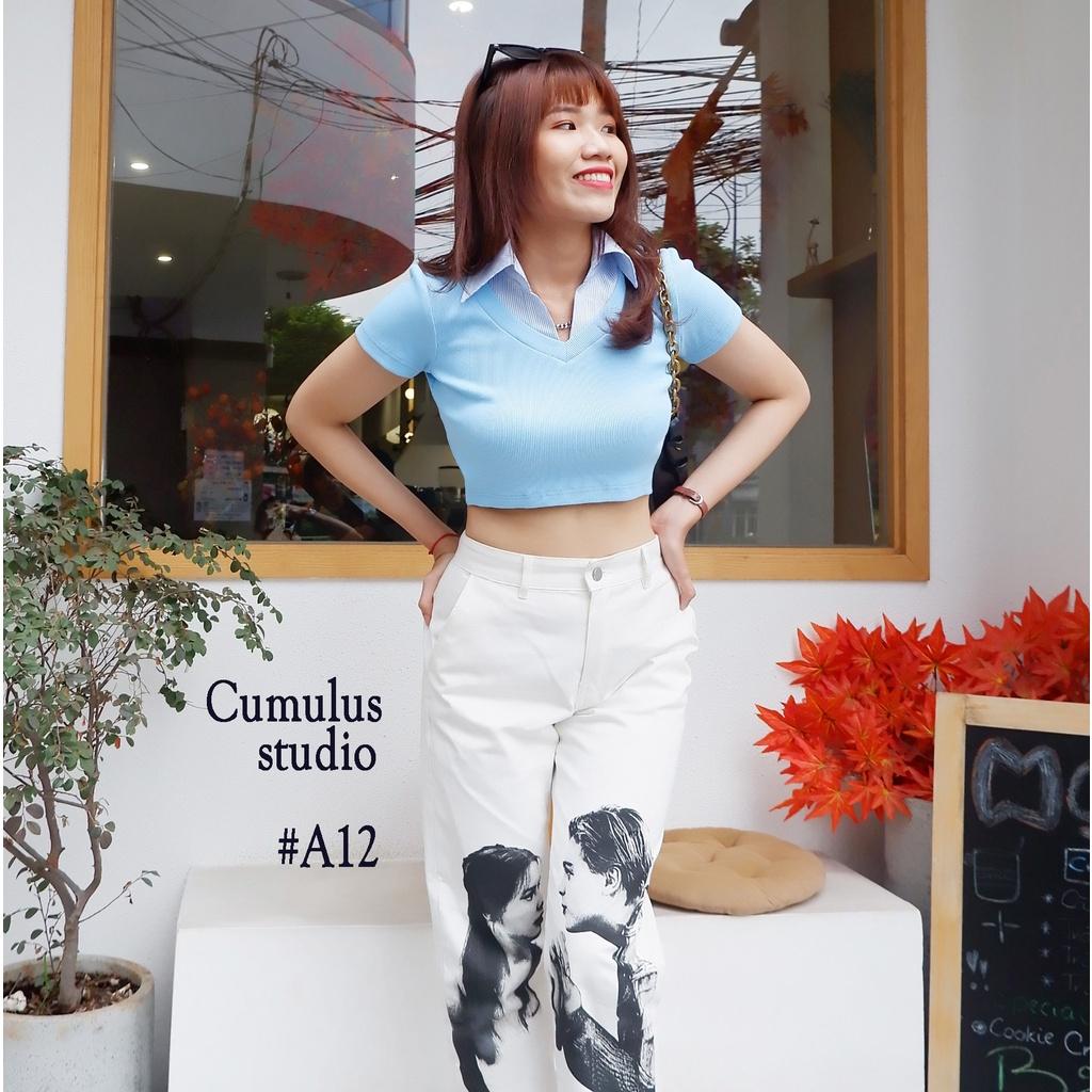 Áo croptop cổ sơ mi sọc Cumulus chất thun gân dày dặn A12