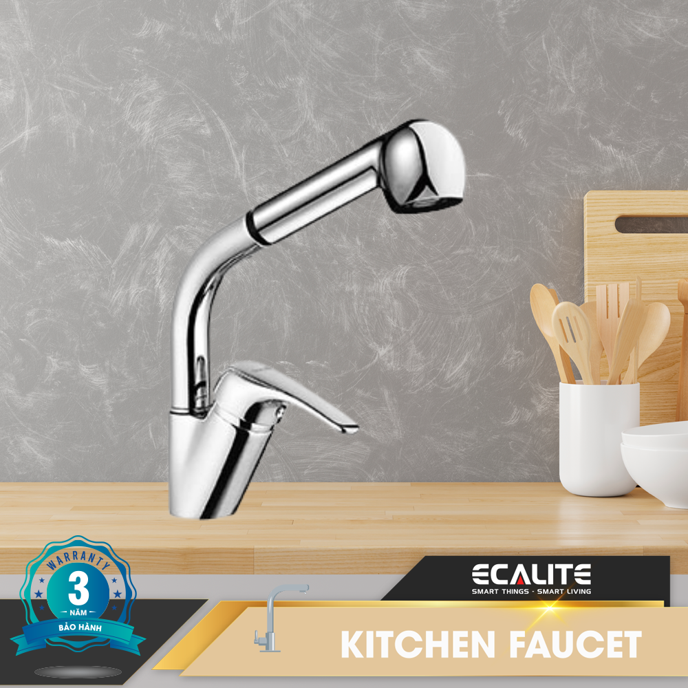 Vòi rửa chén nóng lạnh Ecalite EF-H013C - Đồng thau mạ chrome - Có dây rút - Hàng chính hãng