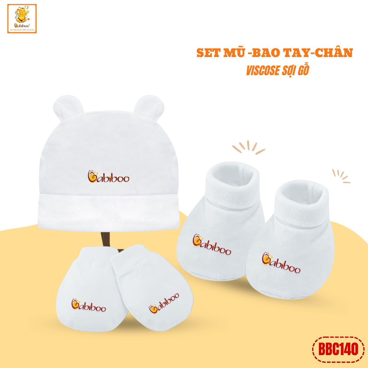 Nón -bao tay -bao chân cho be sơ sinh Babiboo viscose mềm mại (0-6m) BBC140