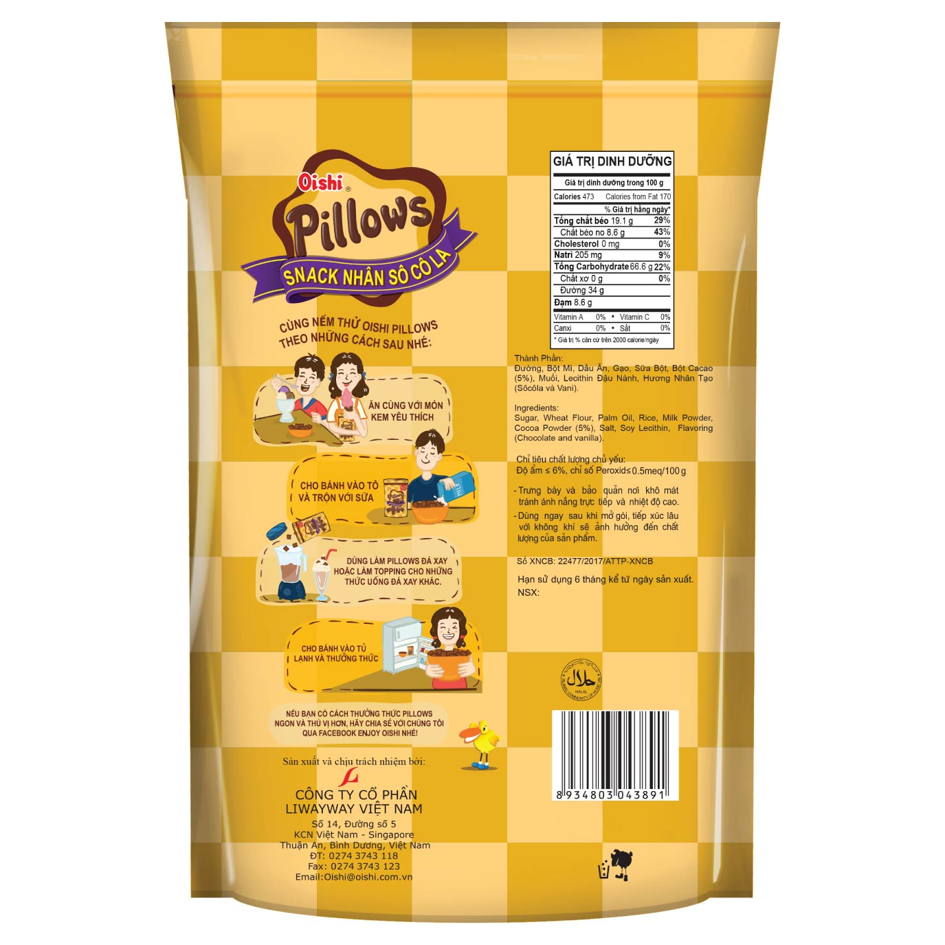 Combo 20 gói Oishi Snack Nhân Vị Socola Pillows (100g/gói)