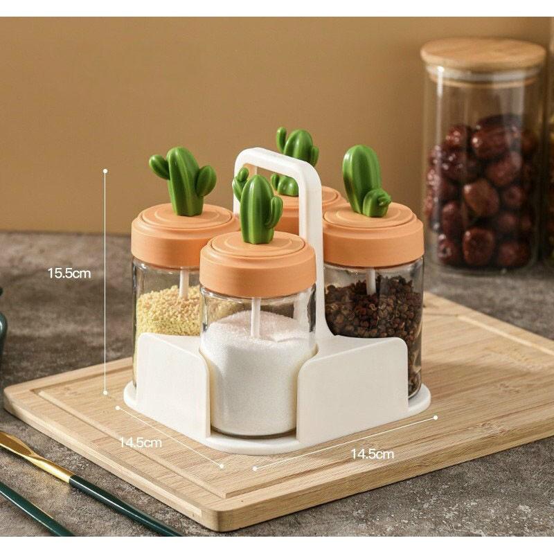 Set 4 Lọ Hình Xương Rồng Có Khay Tiện Lợi Lọ Đựng Gia Vị Thuỷ Tinh ( hàng cao cấp)