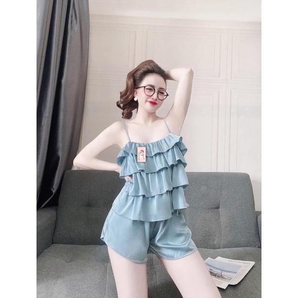 Đồ ngủ 2 dây tầng kiểu dáng trẻ trung ,bộ mặc nhà chất lụa satin mềm mịn, mát, phom to dưới 60kg- tùy chiều cao
