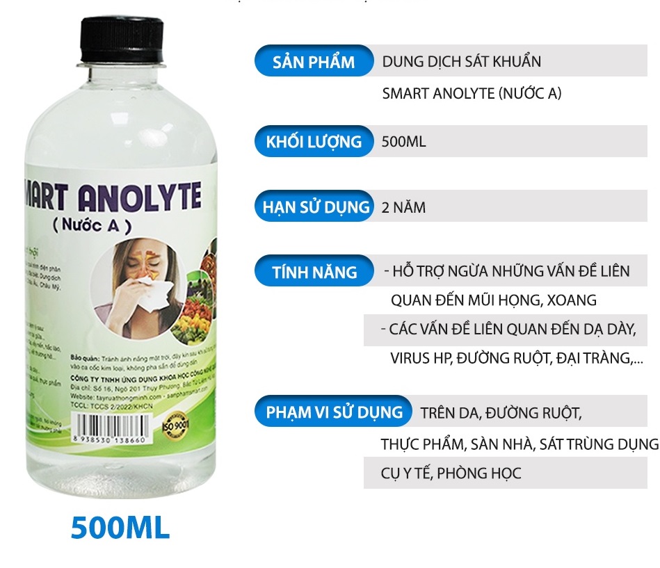 [LOẠI MỚI] 3 CHAI Smart A sát khuẩn Smart Anolyte (Nước A) khử khuẩn tay, bề mặt an toàn không kích ứng 500ml