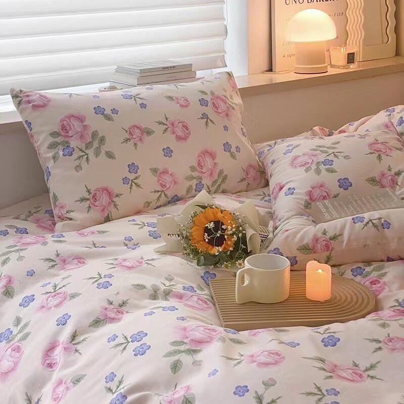 Set Cotton Living Hàng Nhập Khẩu Cao Cấp 4 Món hoa hồng