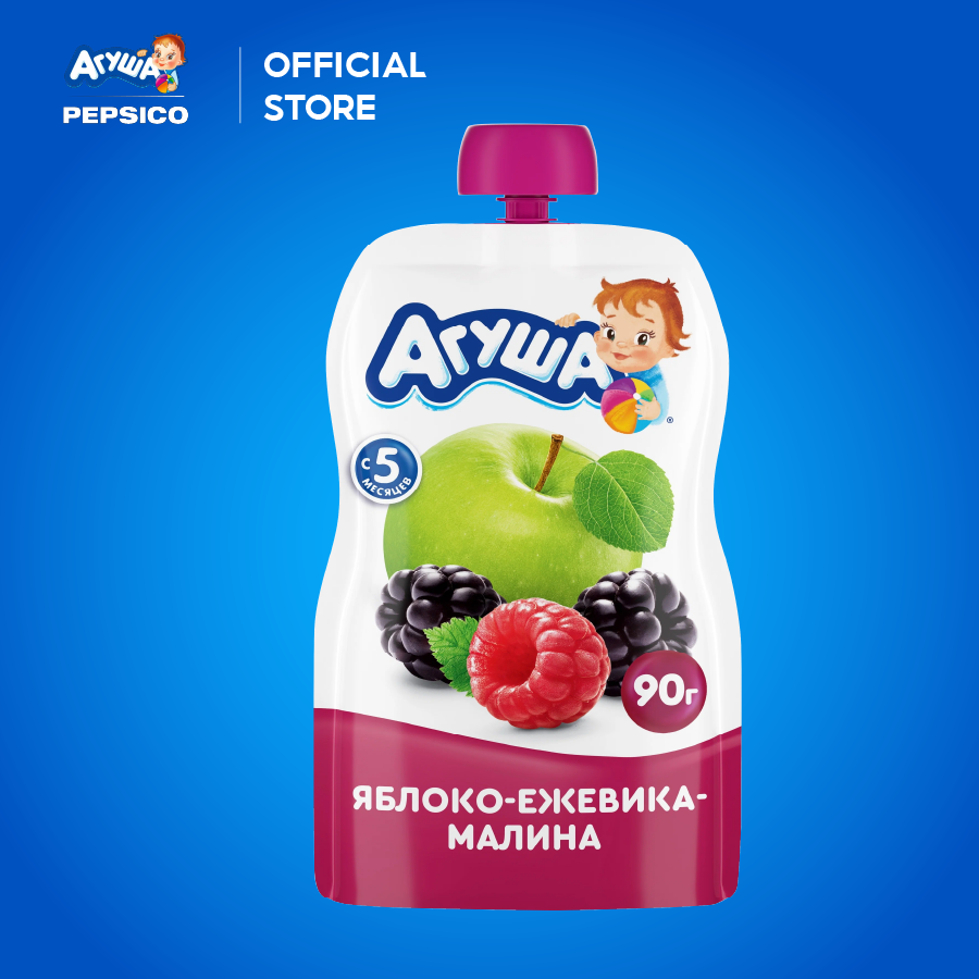 Thùng 10 Gói Trái cây nghiền vị táo, mâm xôi đen và mâm xôi đỏ Agusha 90g/gói dành cho bé từ 6 tháng trở lên