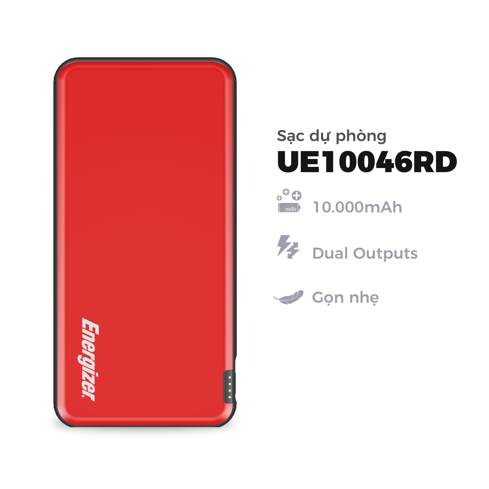 Sạc dự phòng Energizer 10,000mAh /3.7V Li-Polymer - UE10046 - tích hợp 2 cổng USB output giúp sạc 2 thiết bị cùng lúc - Hàng chính hãng