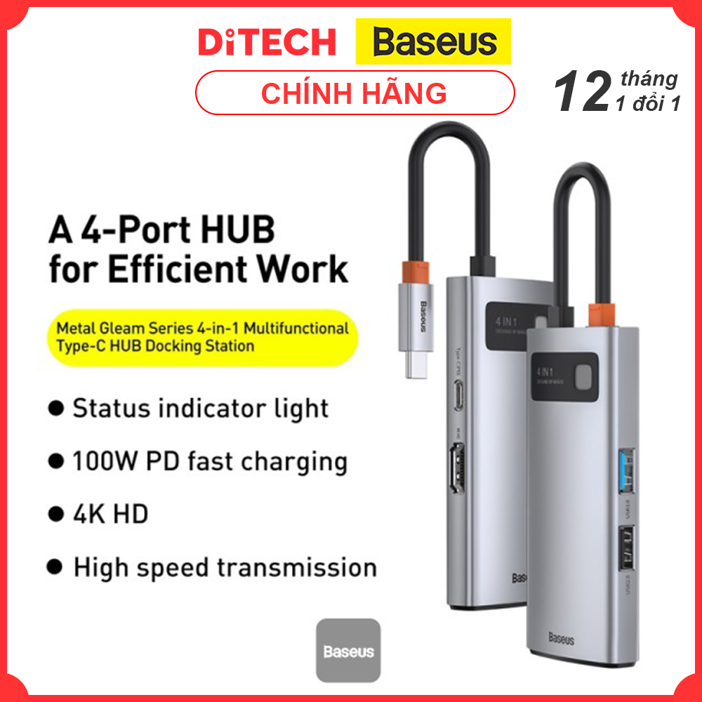 HUB chuyển đổi Baseus Metal Gleam Type-C 4 trong 1, Xám - Hàng chính hãng