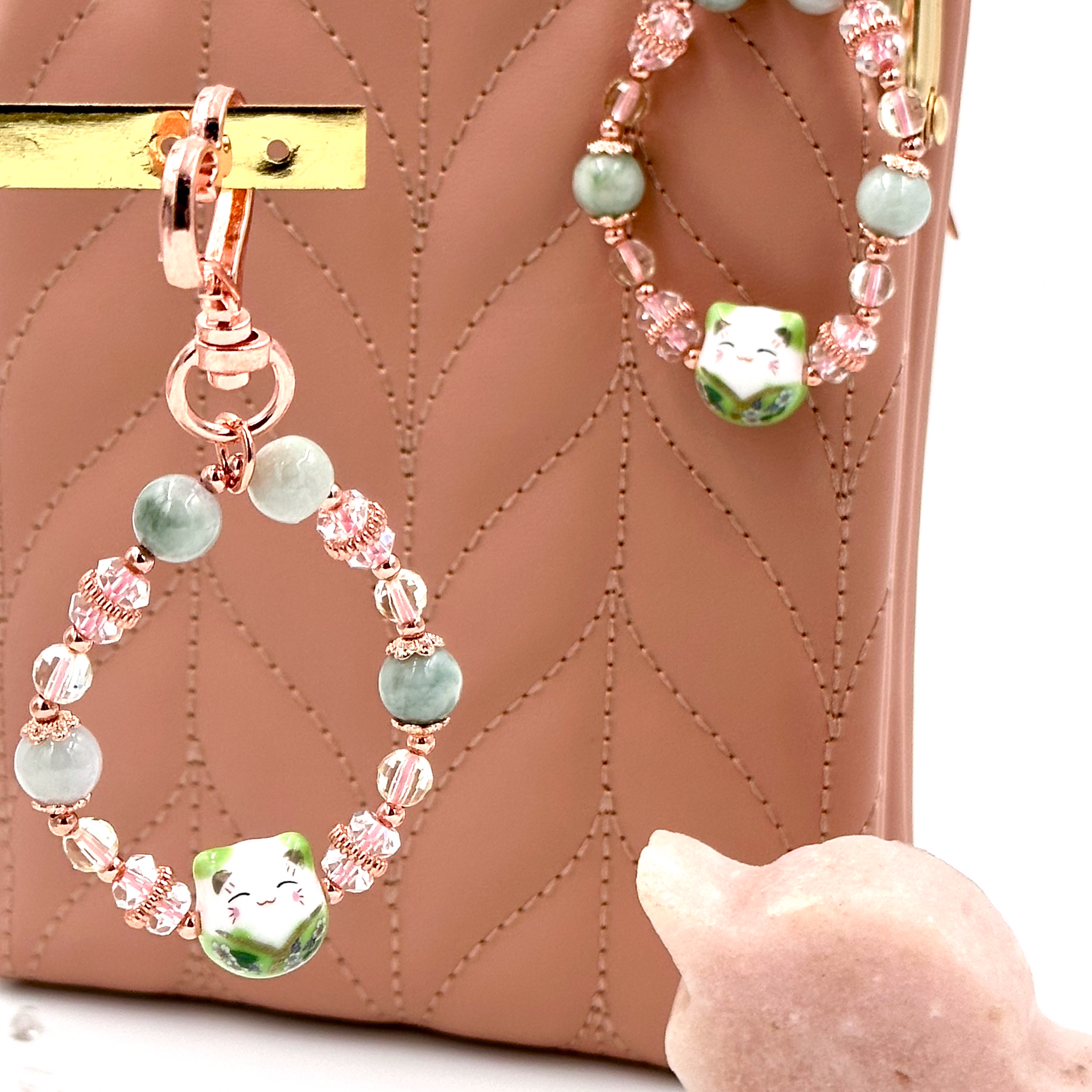 CRZ Bag Charm - Phụ Kiện - Green Porcelain Cat With Jadeite - Móc Khóa Vòng Tay Đá Ngọc Thạch Kèm Charm Mèo Xanh Lá Bằng Sứ