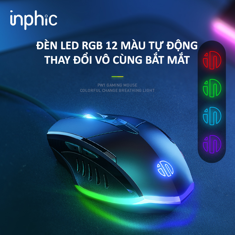 Chuột máy tính có dây INPHIC PW1PRO gaming cho game thủ kèm đèn led RGB 12 màu với độ DPI lên đến 7200DPI - Hàng Chính Hãng