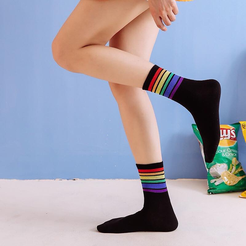 Set 3 đôi tất cổ cao thời trang 7 sắc cầu vồng hottren