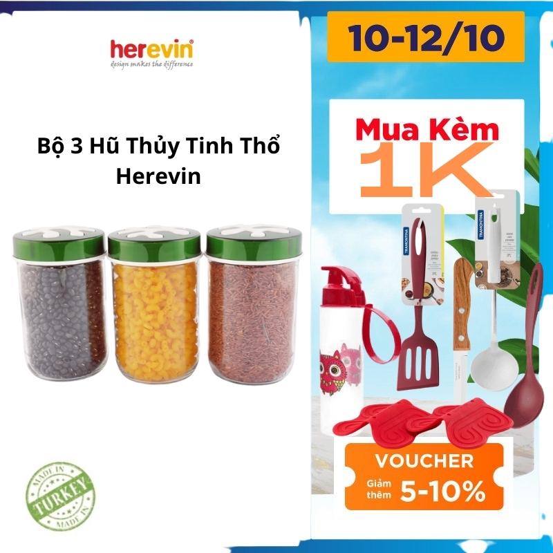 Bộ 3 Hũ Thủy Tinh Herevin Tròn Trơn Nắp Decor 660ml - HEHU135367-810