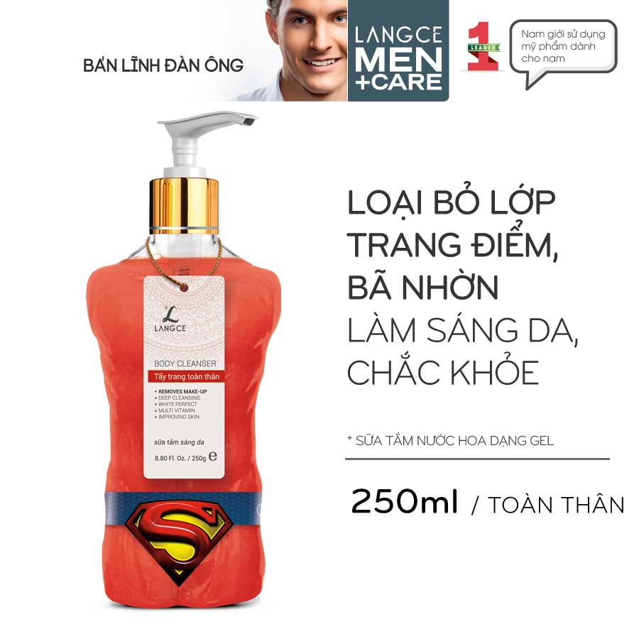 Gel Tắm Tẩy Trang Sáng Da, Làm Sạch Lớp Trang Điểm Toàn Thân 250ml cho Nam TẶNG Gel Vệ Sinh Vùng Kín Nam 100ml LANGCE