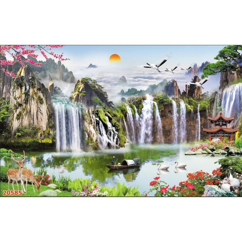 Tranh dán tường 3d sơn thủy hữu tình trang trí nhà cửa phòng khách giá rẻ đẹp chất liệu decal pp keo sẵn bóc dán atk1