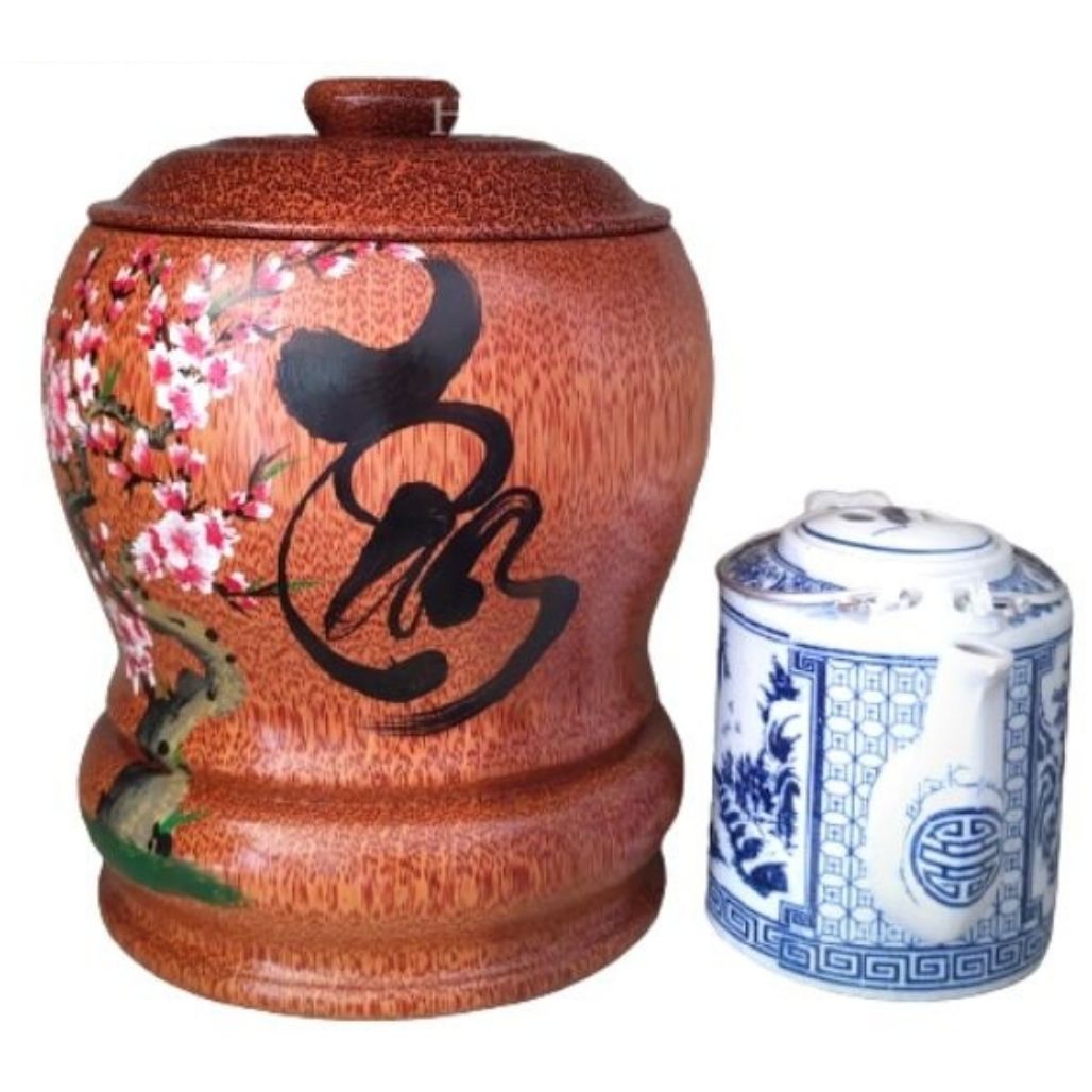 Bình Trà Gỗ Dừa Hoa Văn Lồng Chữ Tâm Và Bình Trà 700 - 950ml - Sản Phẩm Được Sản Xuất Tại Bến Tre