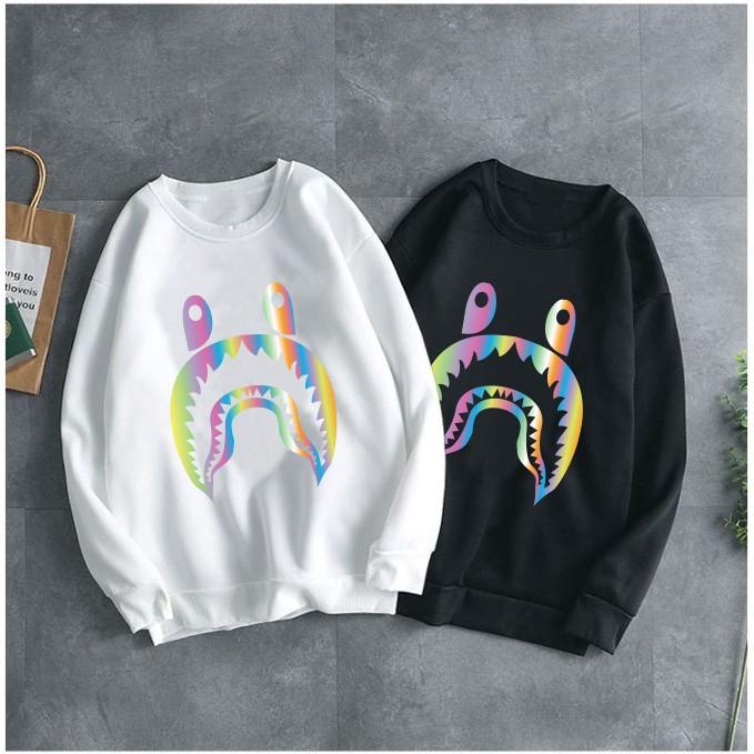 Áo Sweeter Nỉ Trơn Dài Tay In Hình Cá Mập Đáng Yêu Phản Quang