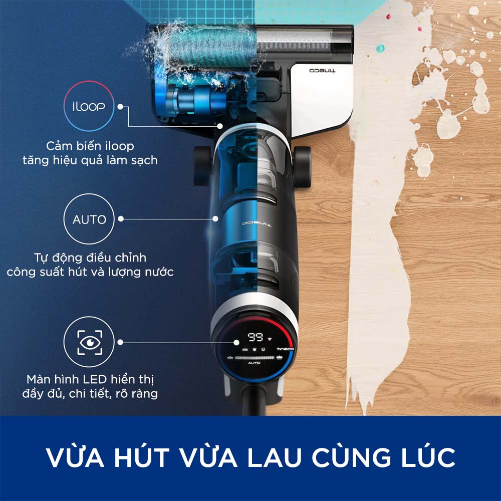 Máy Hút Bụi Không Dây, Máy Hút Bụi Lau Sàn Khô Uớt TINECO Floor One S5 Thương Hiệu Mỹ Công Nghệ Tự Giặt Giẻ, Diệt Khuẩn Với Lực Hút 12,000 Pa, Công Suất Hút 30 W - Hàng Nhập Khẩu