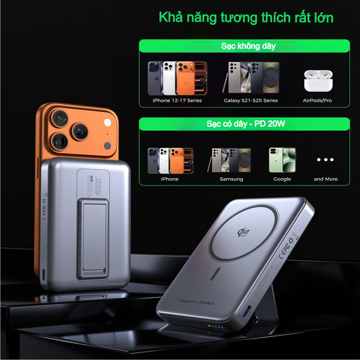 Pin dự phòng sạc không dây Choetech B760 công suất 45W tích hợp chân đỡ nhỏ gọn tiện lợi (Hàng chính hãng)