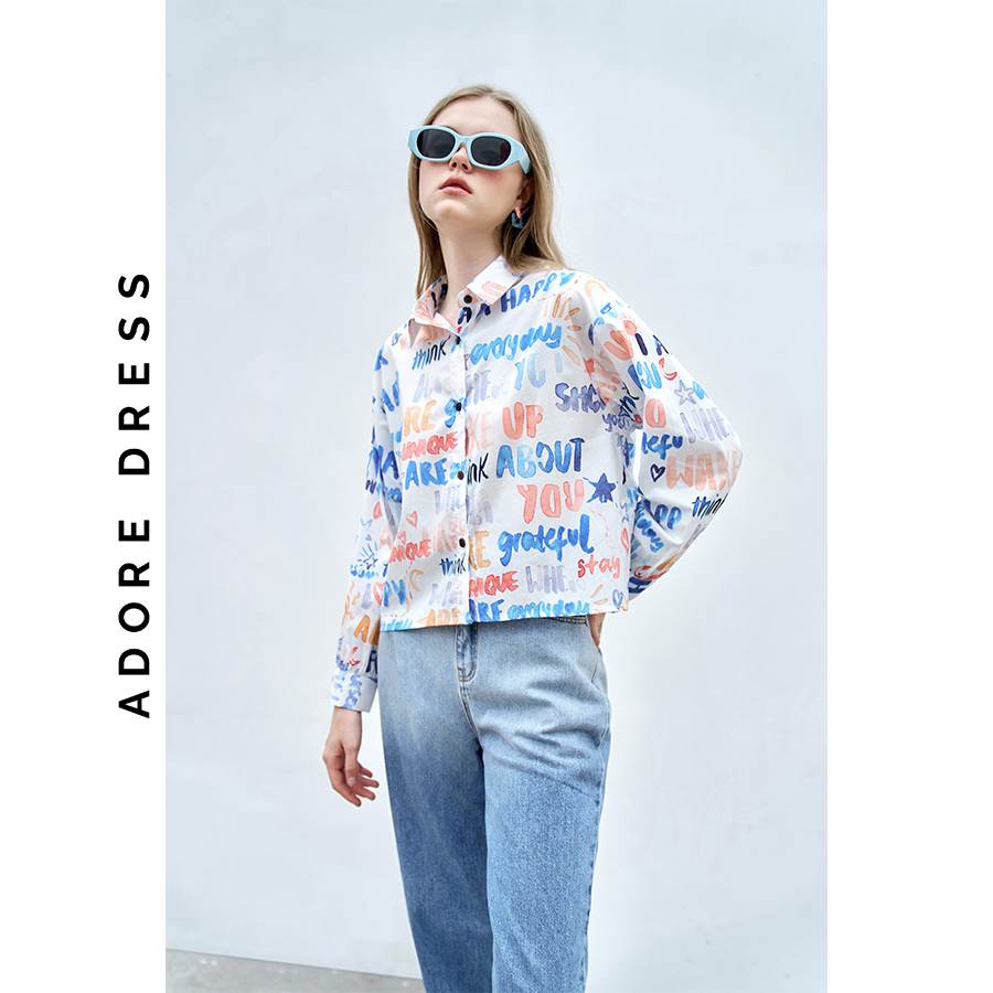 Áo sơ mi Shirts casual style thô lụa letter trắng 313SH1004 ADORE DRESS