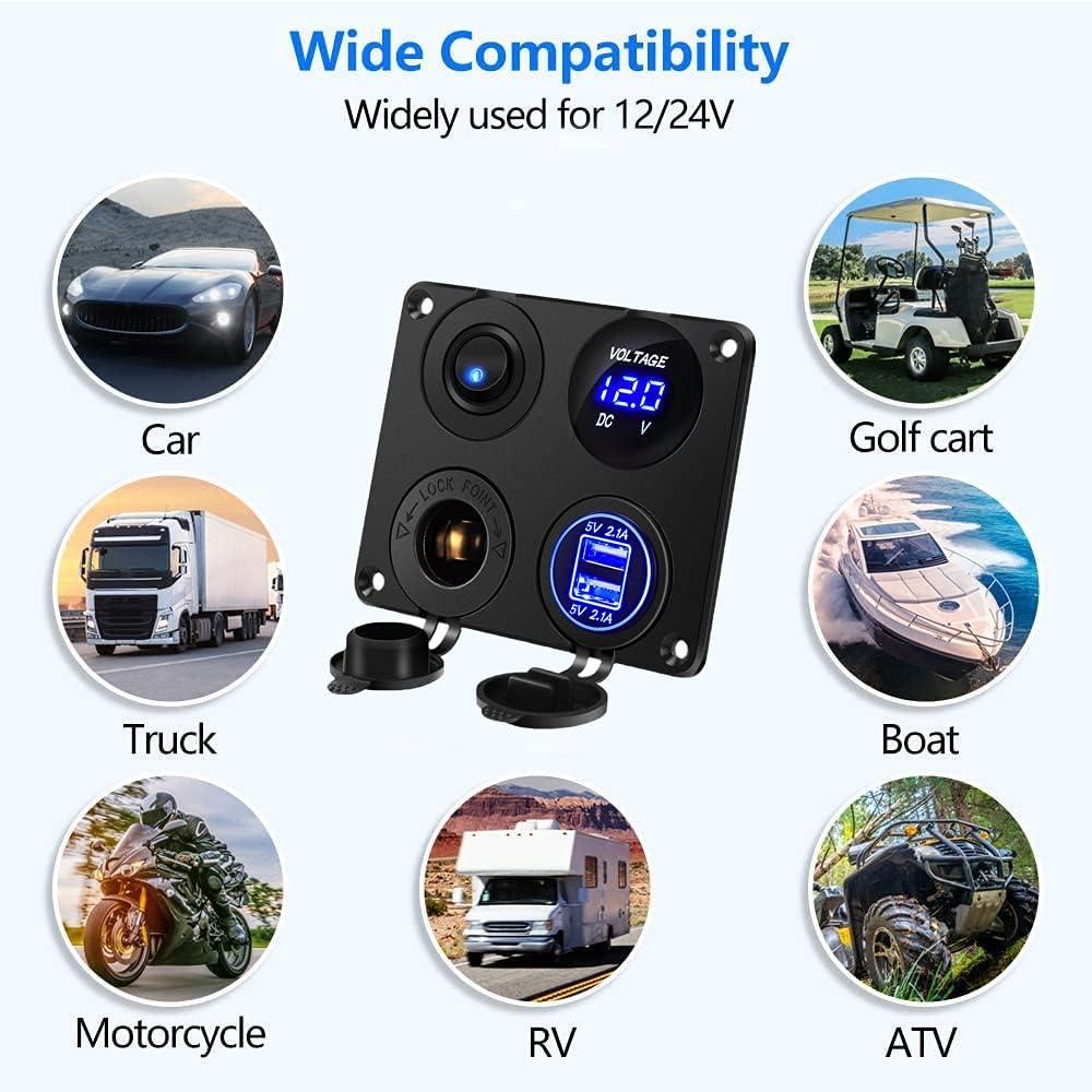 Bảng Công Tắc Sạc Xe Hơi 4 Trong 1, Chức Năng Sạc USB Kép + Vôn Kế LED + Công Tắc Bật/Tắt + Ổ Cắm Cho Tàu Biển
