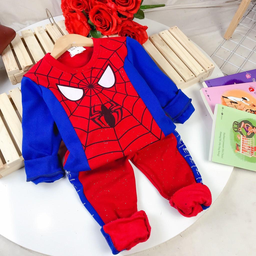 Bộ quần áo dài tay bé trai thu đông lót lông &amp; cotton siêu nhân người nhện cho bé 12-20kg