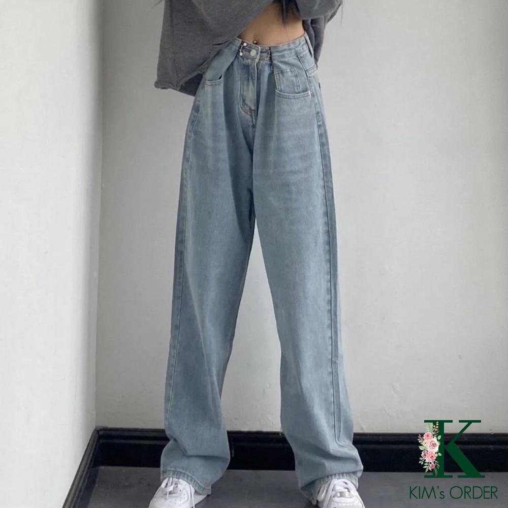 Quần Jean Nữ Ống Suông Cạp Khuy Nữ Màu Xanh Nhạt Điều Chỉnh Eo Lưng Cao Phong Cách Ulzzang Hàn Quốc Đi Học Đi Làm