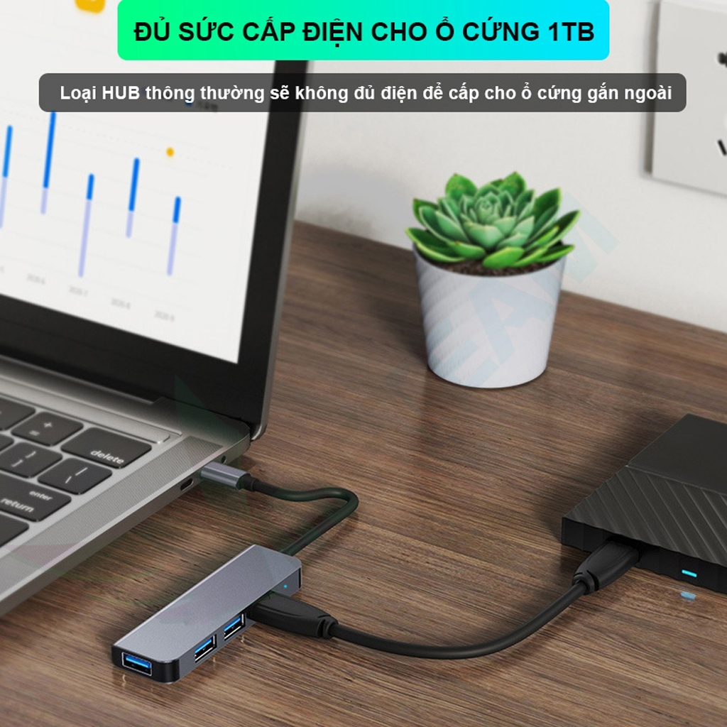 Hub Type C Và Hub USB 3.0 Tốc Độ Cao 4 Cổng Vinetteam 2013U/2013T Cáp Chuyển Đổi Dành Cho Macbook Pro Laptop PC Hỗ Trợ Sạc Pin Kết Nối Đa Năng Ổ Cứng Bàn Phím Chuột Máy In, Thiết Bị Chia Cổng USB - Hàng Chính Hãng