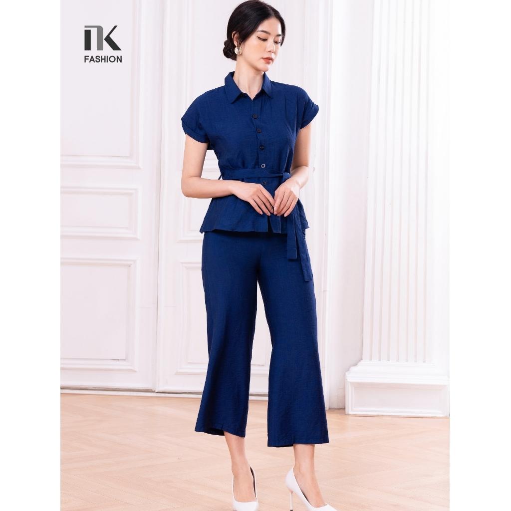 Bộ Đồ Nữ Công Sở NK Fashion Áo Sơ Mi Ngắn Tay Phối Quần Ống Rộng, Chất Liệu Vải Hàn Cao Cấp NKBD2204008