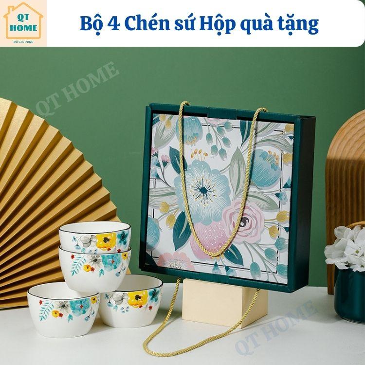 Bộ 4 Chén Sứ, Bát Sứ Hộp Quà Tặng, Họa Tiết Bông Hoa