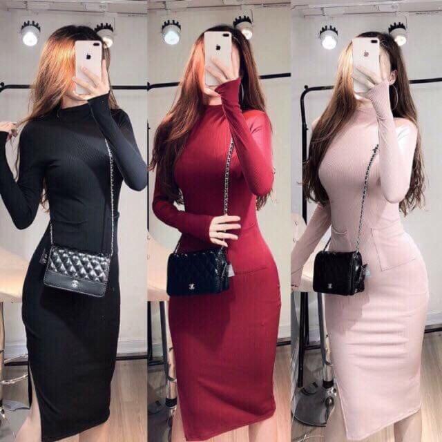 Váy Body Cổ Lọ 5p Tay Dài Xỏ Ngón Phối Túi - Dài 1m